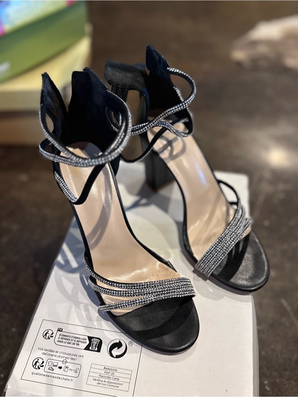 Black Strappy Rhinestone Block Heel Sandals - Women